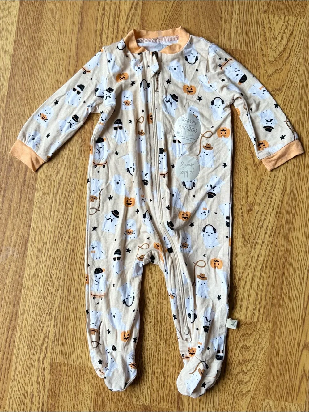 Milkberry Bamboo Cream Orange Halloween Ghosts Infant One-Piece Sleeper Sz 0-3M